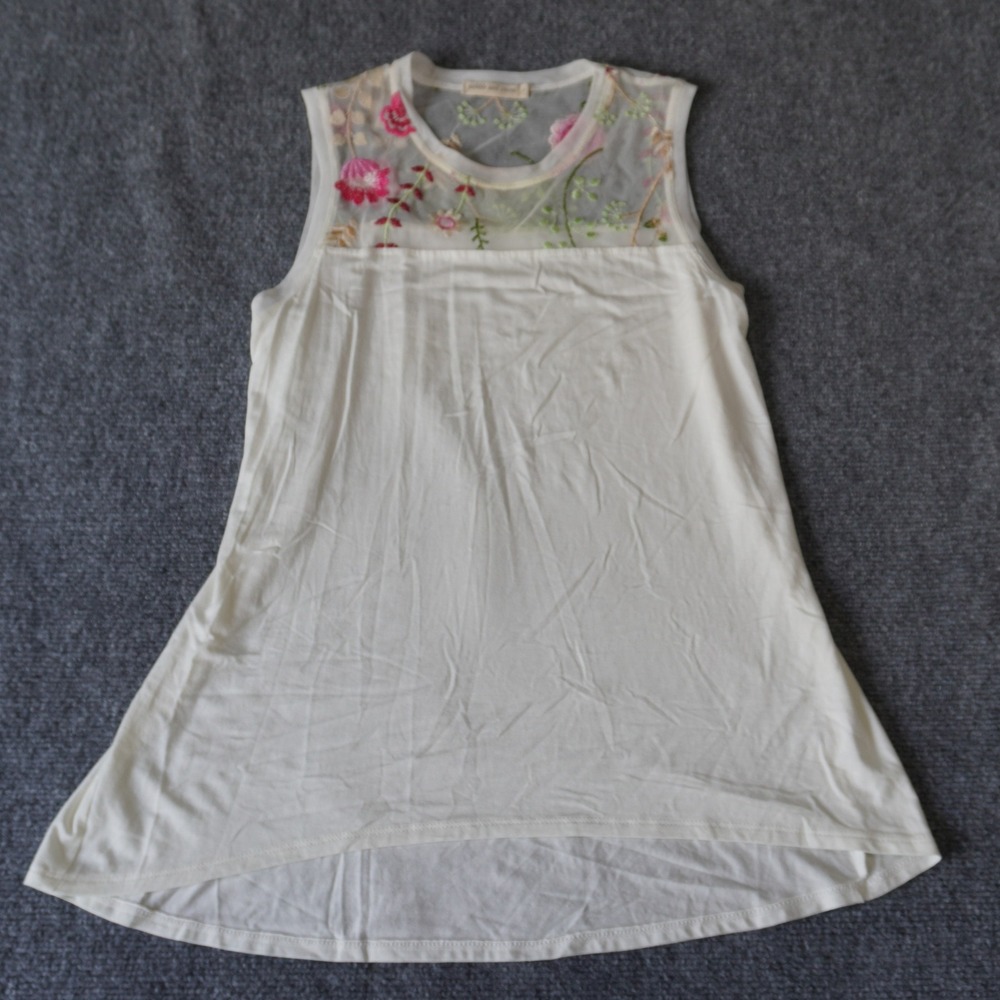 Pebble and Stone Embroidered Floral Mesh Tank Top Sleeveless Ivory Casual
